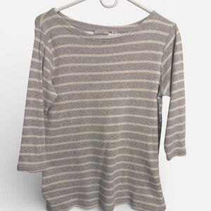 LL Bean Gray & White Striped Ribbed Top | 3/4 Sleeve | Medium
